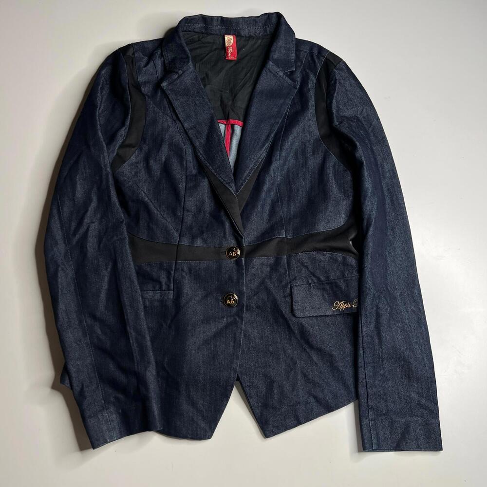 Apple Bottoms Denim Blazer Jacket Women XL Gold Logo Buttons Dark Wash Y2K Style
